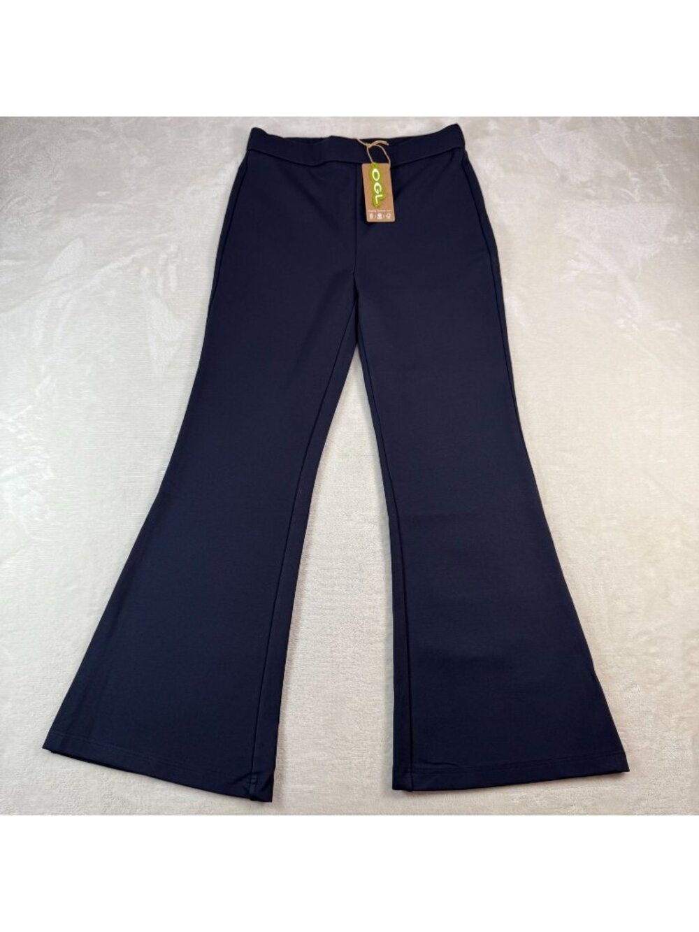 NWT OGL Womens M Slimming Ponte Pull On Pants Flare Navy Blue Stretch Shaping